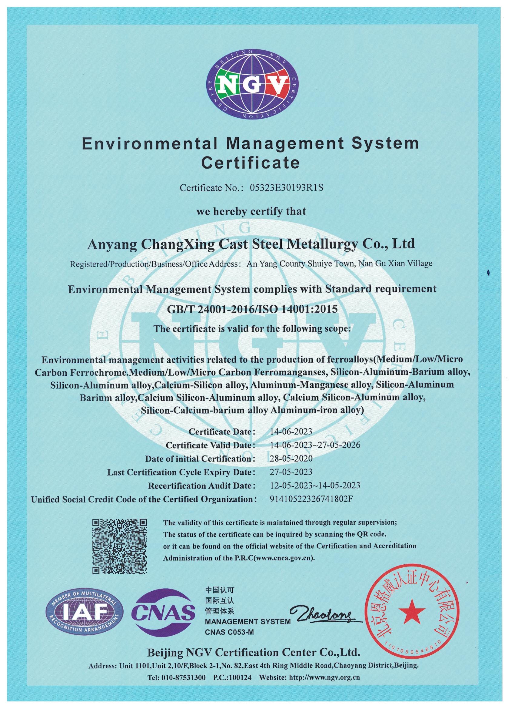 ISO 14001:2015:Environmental Management System Certificate